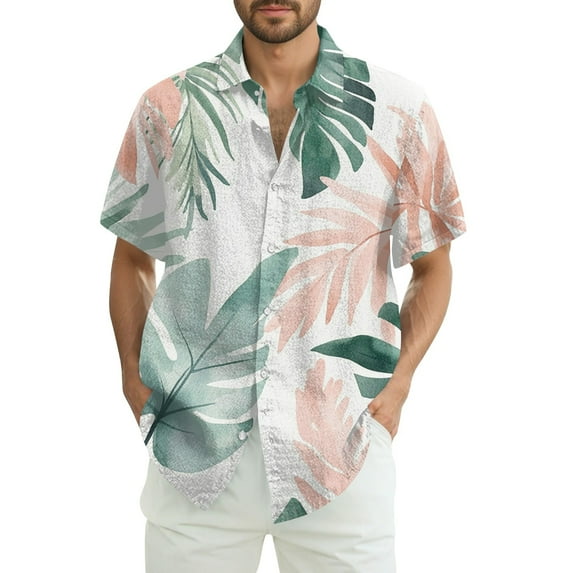 NAMTYQX T Shirts for Man Short Sleeve Plus Size Soft Lapel Light Loose Fitting Casual Tropical Print Button Front Mens Hawaiian Shirt White Size M