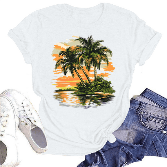 NAMTYQX T Shirts for Women Airoft Plus Size Gemustert Crew-Neck Hawaii Stretchy Loose Fit Short Sleeve Print Womens Tops Casual White Size S