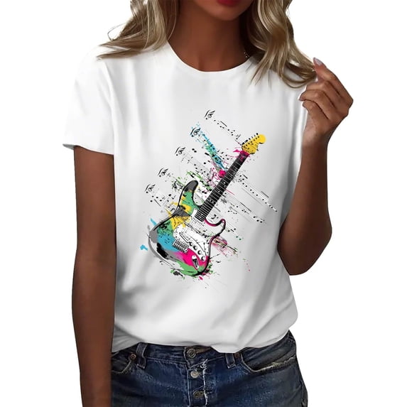 NAMTYQX T Shirts for Women Baggy Short Sleeve Oversize Mit Muster Print Light Basic Cool Scoop Neck Blouses for Women White Size XL