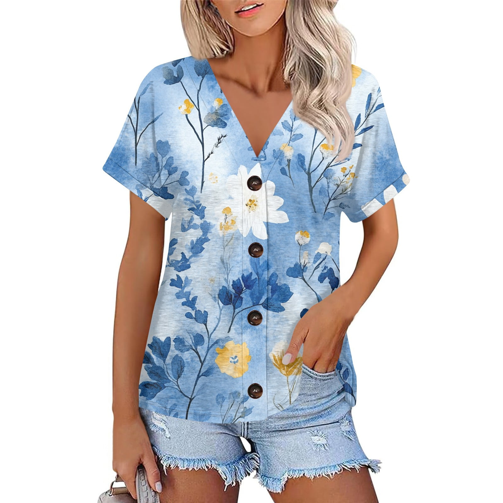 NAMTYQX T Shirts for Women Button Down Open Front Short Sleeve Soft V ...