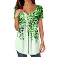 thumbnail image 1 of NAMTYQX T Shirts for Women Casual Plus Size Pleated Trendy Patterns Button V Neck Short Sleeve Loose Fit Green Size 3XL, 1 of 5