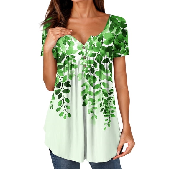 NAMTYQX T Shirts for Women Casual Plus Size Pleated Trendy Patterns Button V Neck Short Sleeve Loose Fit Green Size 3XL
