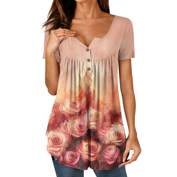 NAMTYQX T Shirts for Women Casual Short Sleeve Loose Fitting Fashion Pleated Plus Size Patterned Button V Neck Orange Size 4XL