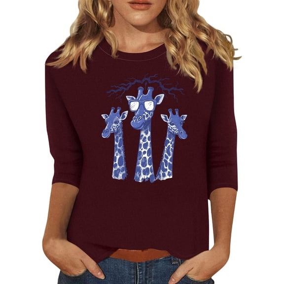 NAMTYQX T-Shirts for Women Graphic Stretch Fashion Crewneck Cute Tops for Women 3/4 Sleeve Tops for Women Wine Size XL
