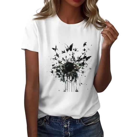 NAMTYQX T Shirts for Women Loose Pattern Cool Light Fashion Plus Size Short Sleeve Basic Scoop Neck Navy Size S