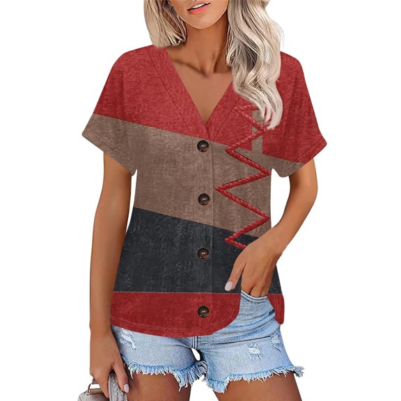 NAMTYQX T Shirts for Women Loose Short Sleeve Light V Neck Plus Size Soft Fashion Button Down Open Front Lounge Wine Size 3XL