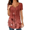 thumbnail image 1 of NAMTYQX T Shirts for Women Pattern Button Deep V Neck Frilly Short Sleeve Loose Fit Plus Size Fashion Casual Wine Size L, 1 of 5