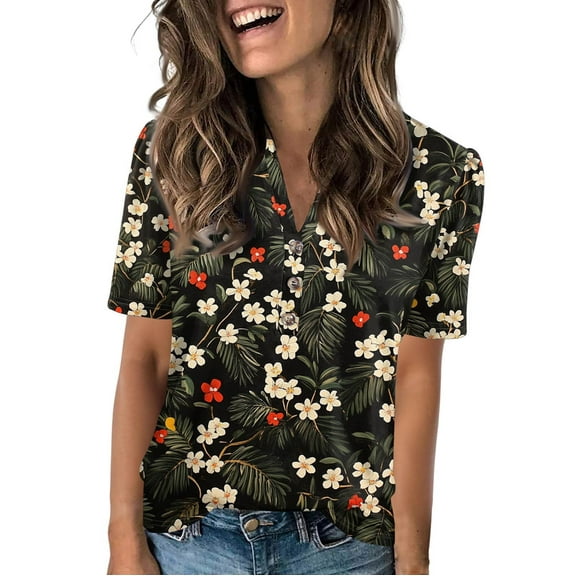 NAMTYQX T-Shirts for Women Patterns Short Sleeve Stretch Lounge Button V Neck Graphic Tees for Women Trendy Army Green Size S