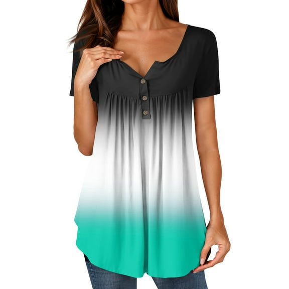 NAMTYQX T Shirts for Women Ruched Casual Patterned Short Sleeve Plus Size Button V Neck Fashion Loose Fitting Turquoise Size L