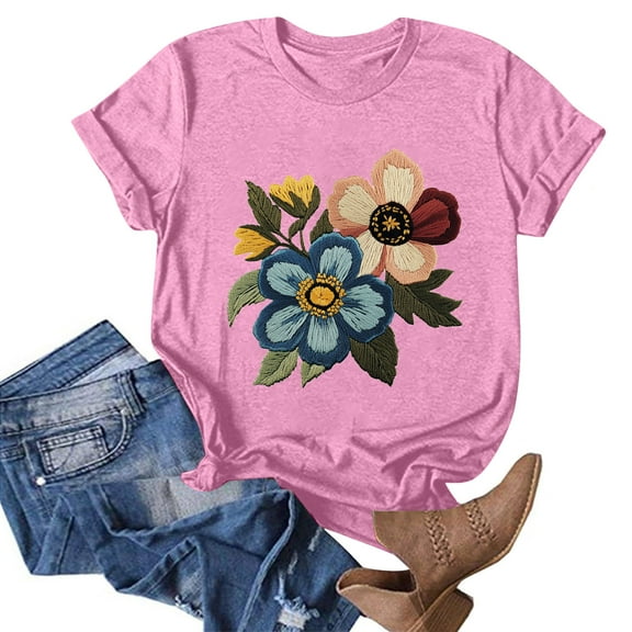 NAMTYQX T Shirts for Women Stretchy Cute Printed Cool Boyfriend Round Neck Short Sleeve Oversized Print Basic Tees for Women Pink Size S