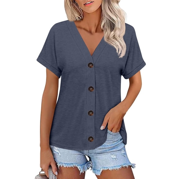 NAMTYQX T Shirts for Women V Neck Short Sleeve Fashion Solid Color Lounge Plus Size Open Front Baggy Light Soft Navy Size XL