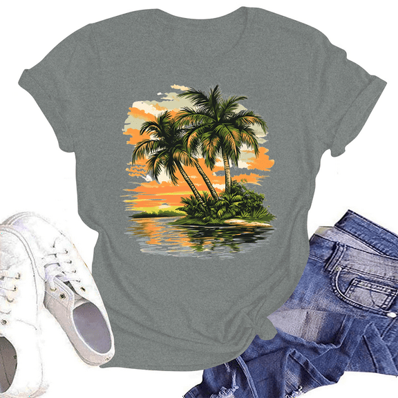 NAMTYQX Tops for Women 2025 Lightweight Stylish Mit Muster Comfy Plus Size Short Sleeve Printed Airoft Round Neck Womens Summer Tops Light Gray Size M