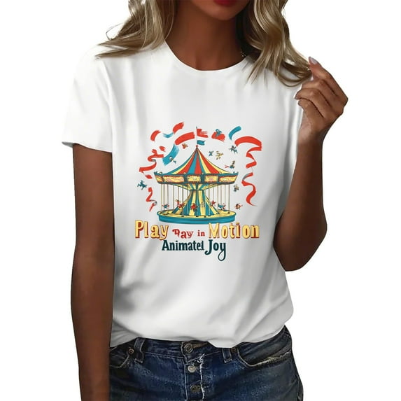 NAMTYQX Tops for Women 2025 Oversize Tropischer Druck Short Sleeve Loose Hawaiian Graphic Round Neck Cool Stretchy Blouses for Women Dressy Casual Red Size M