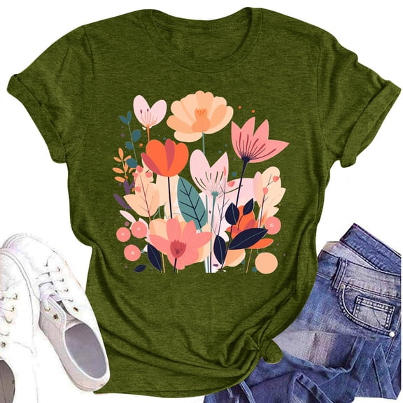 NAMTYQX Tops for Women Trendy Patterns Lightweight Hawaiian Bedrucken Loose Fitting Scoop Neck Short Sleeve Airoft Plus Size Womens Tshirts Cotton Loose Fit Army Green Size L