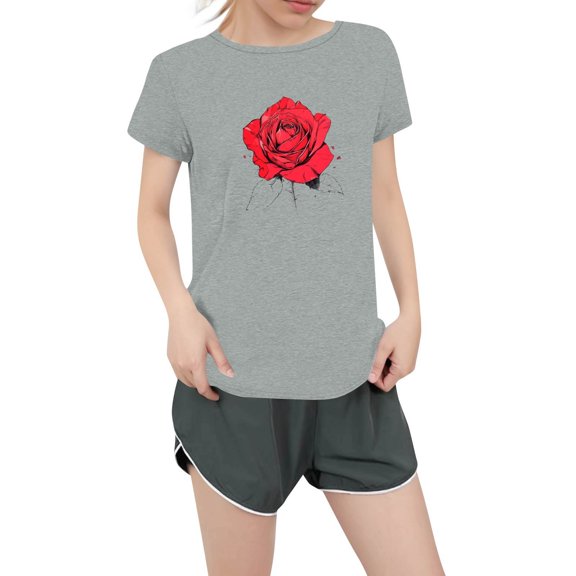 NAMTYQX Tops for Women Trendy Summer Hawaii Crewneck Boyfriend Print Print Plus Size Stretch Cool Short Sleeve Cute Tops for Women Light Gray Size 3XL