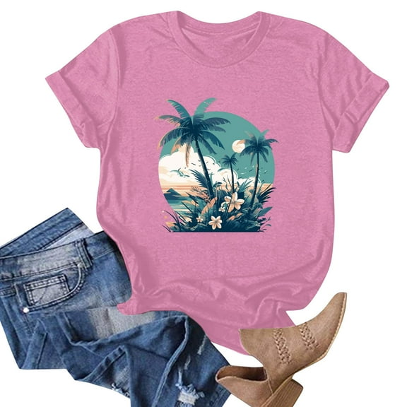 NAMTYQX Tops for Women Trendy Summer Short Sleeve Hawaii Cool Plus Size Muster Light Crewneck Relaxed Fit Patterned Womens Hawaiian Shirt Pink Size XL