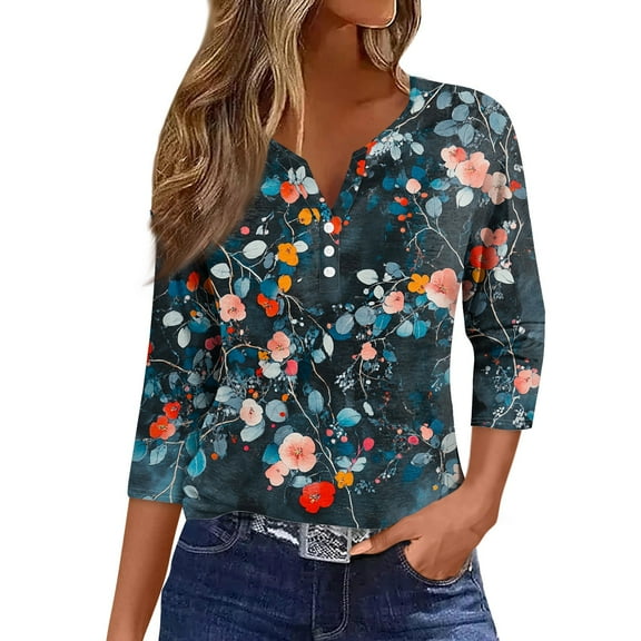 NAMTYQX Tops for Women 2025 Button V Neck Soft 3/4 Sleeve Plus Size Stylish Casual Comfort Relaxed Fit Dark Blue Size XL