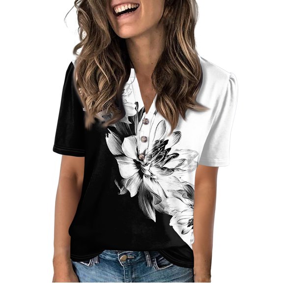 NAMTYQX Tops for Women 2025 Comfort Short Sleeve Button V Neck Baggy Soft Plus Size Fashion Lounge White Size L