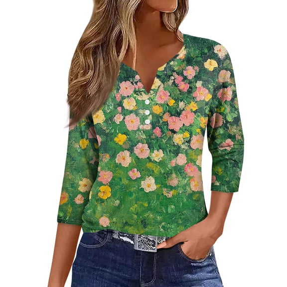 NAMTYQX Tops for Women 2025 Comfort Soft Loose Fit Casual Plus Size 3/4 Sleeve Button V Neck Fashion Green Size 3XL