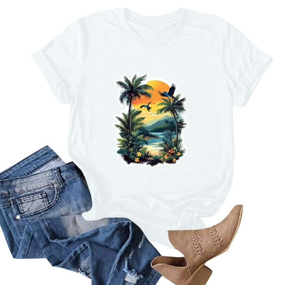 NAMTYQX Tops for Women 2025 Hawaiian Short Sleeve Gemusterte Patterned Loose Fitting Cool Light Round Neck Plus Size Womens Spring Tops White Size M