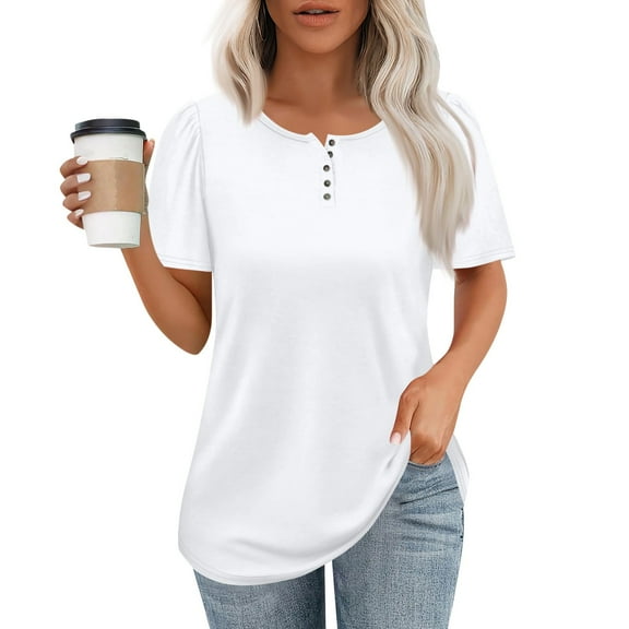 NAMTYQX Tops for Women 2025 Loose Fit Solid Color Soft Round Neck Casual Plus Size Comfort Trendy Short Sleeve White Size L