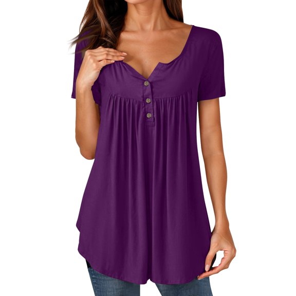 NAMTYQX Tops for Women 2025 Pattern Plus Size Baggy Short Sleeve Button V Neck Trendy Casual Pleated Dark Purple Size M