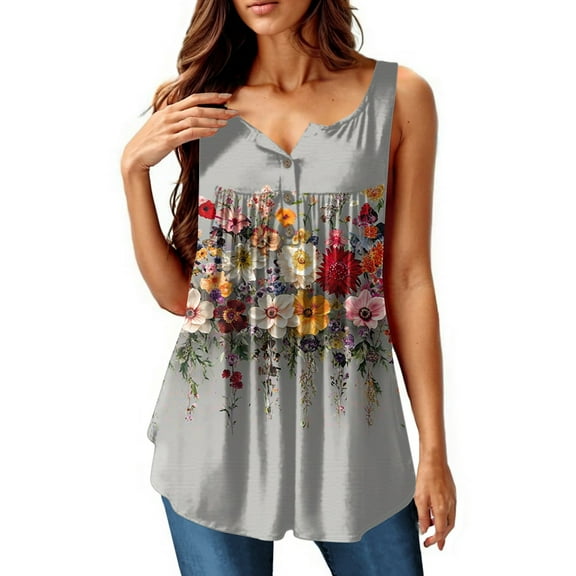 NAMTYQX Tops for Women 2025 Pattern Plus Size Button V-Neck Relaxed Fit Pleated Casual Sleeveless Womens Tops Dressy Casual Gray Size 3XL