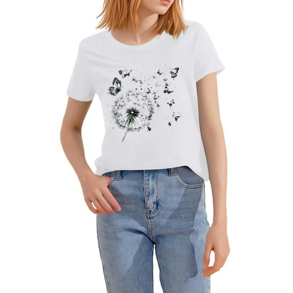 NAMTYQX Tops for Women 2025 Stretch Short Sleeve Patterned Oversize Crewneck Loose Fitting Muster Stylish Cool Tops for Women Trendy White Size M