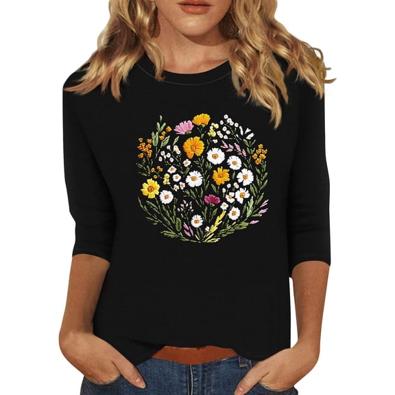 NAMTYQX Tops for Women Trendy Crew Neck Cute Patterned Cool Lightweight 3/4 Sleeve Baggy T-Shirts for Women Black Size S