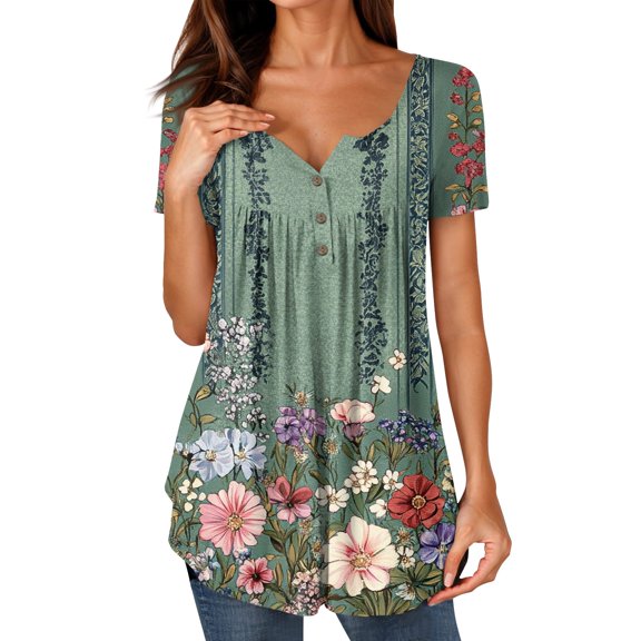 NAMTYQX Tops for Women Trendy Plus Size Baggy Button V Neck Graphic Short Sleeve Casual Ruched Fashion Army Green Size 3XL