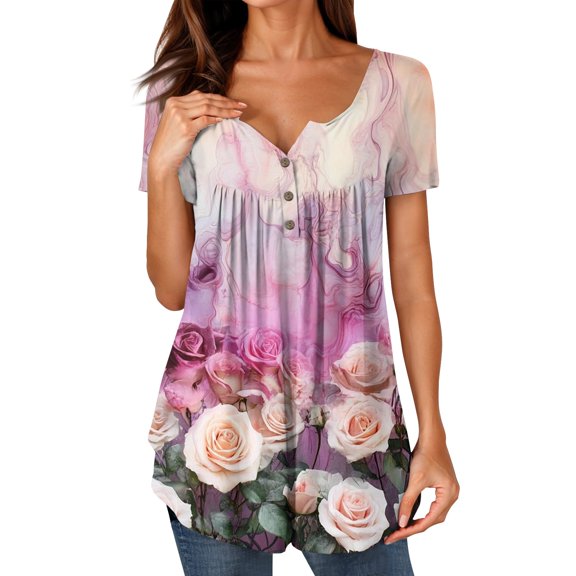 NAMTYQX Tops for Women Trendy Short Sleeve Casual Graphic Button V Neck Baggy Plus Size Frilly Trendy Pink Size M