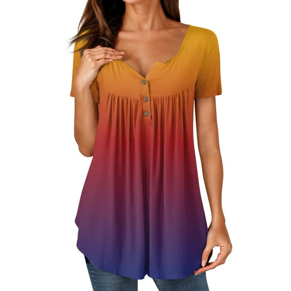 NAMTYQX Tops for Women Trendy Stylish Ruffle Patterned Loose Fit Button V Neck Plus Size Casual Short Sleeve Saffron Size S