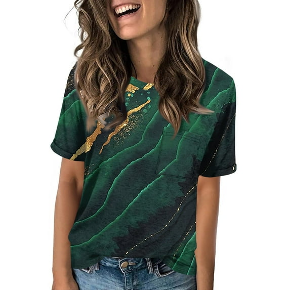 NAMTYQX Tops for Women Trendy Summer Crew Neck Lightweight Trending Graphic Short Sleeve Shirts for Women Dark Green Size 3XL