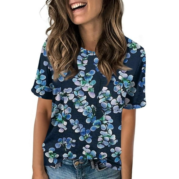 NAMTYQX Tops for Women Trendy Summer Graphic Crew Neck Loose Casual Short Sleeve Cute Summer Tops for Women Dark Blue Size 2XL