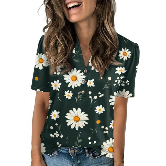 NAMTYQX Tops for Women Trendy Summer Lightweight Button V Neck Loose Fit Short Sleeve Blouses for Women Dark Green Size 2XL
