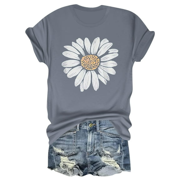 NAMTYQX Tops for Women Trendy Summer Slack Light Print Basic Crew-Neck Plus Size Pattern Cool Short Sleeve Womens Summer Tops Gray Size XL