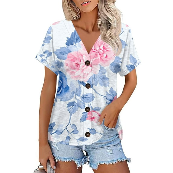 NAMTYQX Trendy Tops for Women 2025 Button Down Open Front Stylish Casual Loose Fitting Short Sleeve V Neck Soft Plus Size Light Light Blue Size M