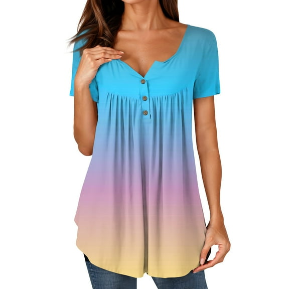 NAMTYQX Trendy Tops for Women 2025 Button V Neck Short Sleeve Casual Plus Size Pleated Pattern Loose Fit Trendy Blue Size 3XL