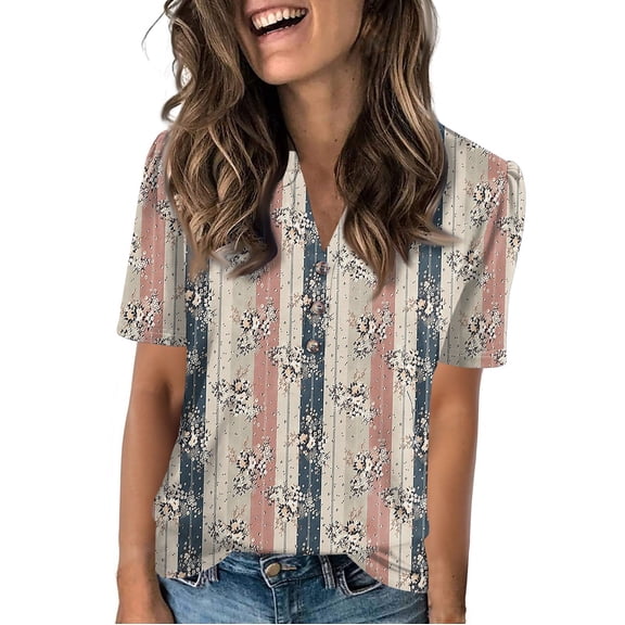 NAMTYQX Trendy Tops for Women 2025 Fashion Relaxed Fit Casual Short Sleeve Soft Plus Size Button V Neck Comfort Brown Size S