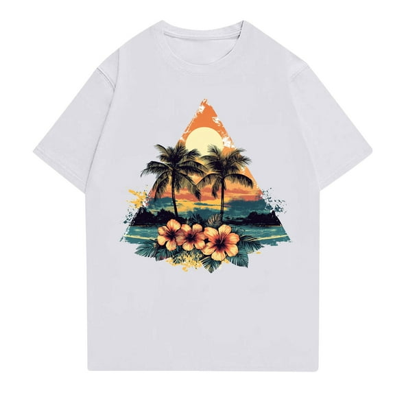 NAMTYQX Trendy Tops for Women 2025 Hawaii Tropical Graphic Crewneck Plus Size Stretch Short Sleeve Casual Loose Fit Basic White Size S