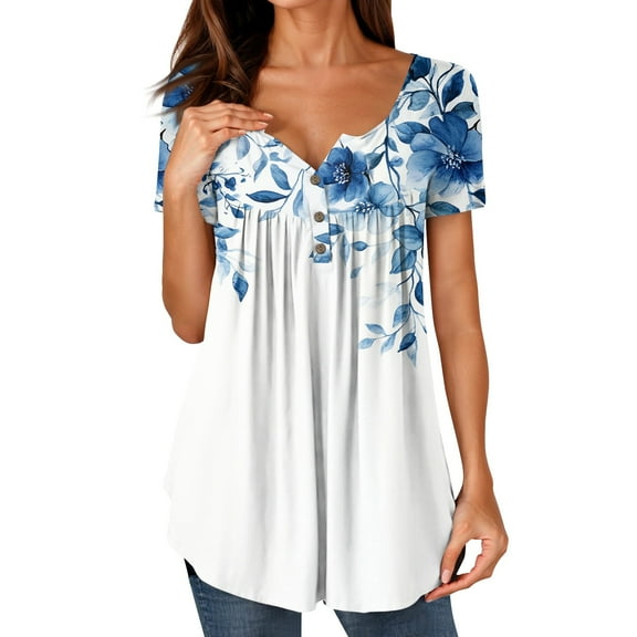 NAMTYQX Trendy Tops for Women 2025 Hip Short Sleeve Plus Size Casual Ruched Loose Fitting Button V Neck Graphic White Size S