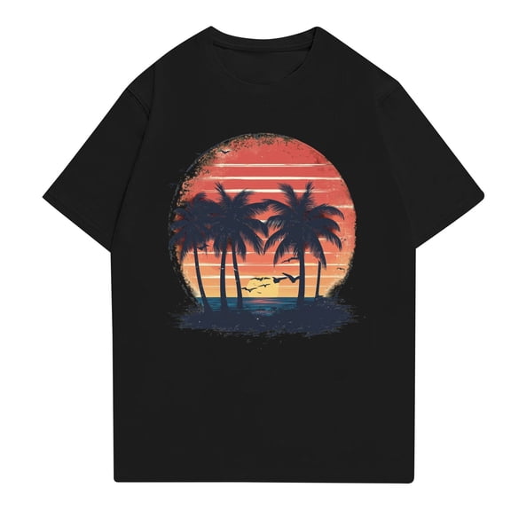 NAMTYQX Trendy Tops for Women 2025 Plus Size O-Neck Casual Basic Soft Loose Short Sleeve Hawaii Tropical Patterns Black Size XL