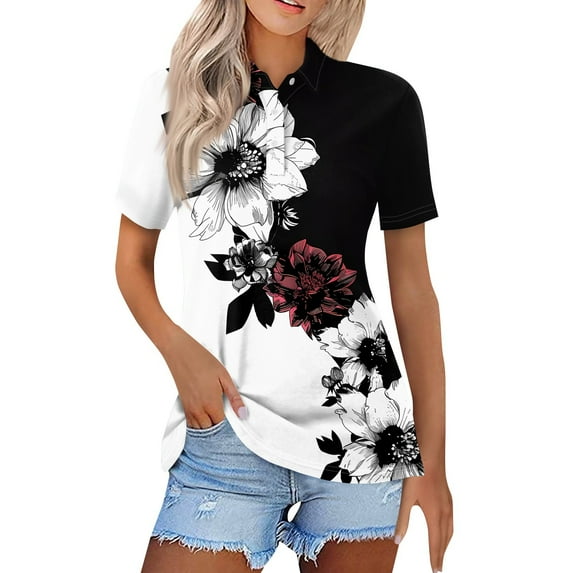 NAMTYQX Trendy Tops for Women 2025 Trendy Baggy Short Sleeve Comfort Casual Plus Size Soft Lapel Button V Neck Black Size L