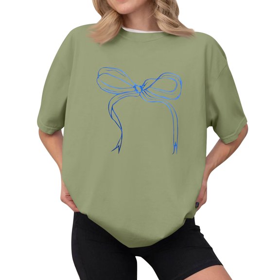 NAMTYQX Tshirts Shirts for Women Crewneck Stretch Soft Gemustert Plus Size Print Loose Fitting Basic Short Sleeve Basic Tees for Women Light Green Size L
