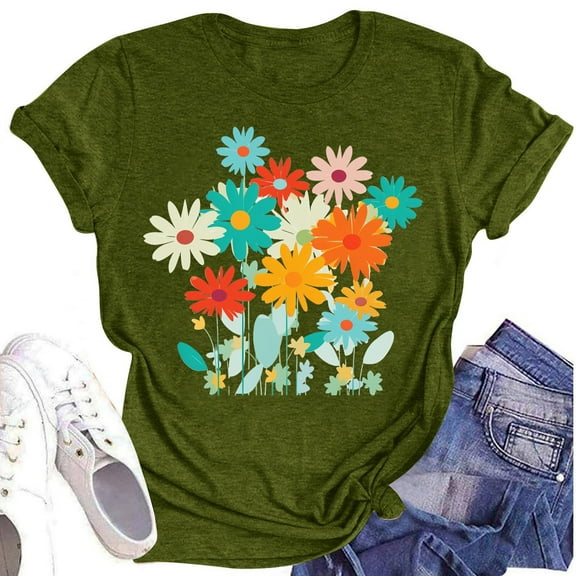 NAMTYQX Tshirts Shirts for Women Graphic Boxy Fit Grafisches Hawaiian Lightweight Scoop Neck Short Sleeve Printed Plus Size Soft Basic Tees for Women Army Green Size M