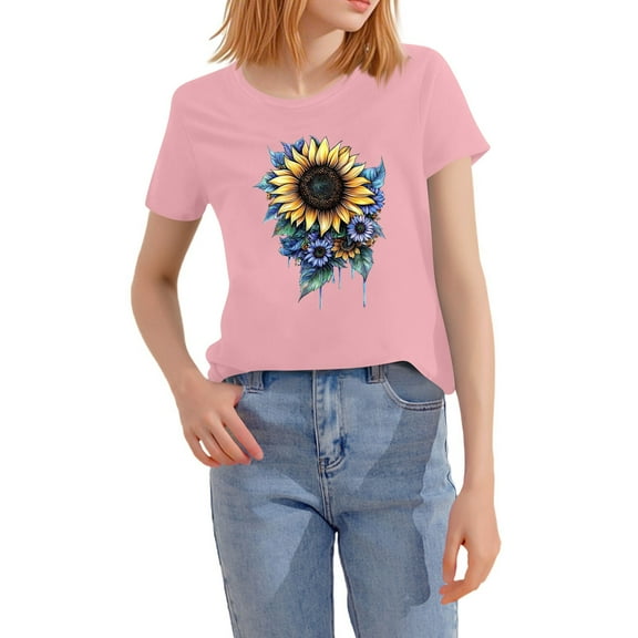 NAMTYQX Tshirts Shirts for Women Lightweight Hawaii Plus Size Crewneck Patterned Muster Loose Airoft Short Sleeve Short Sleeve Tops for Women Pink Size L