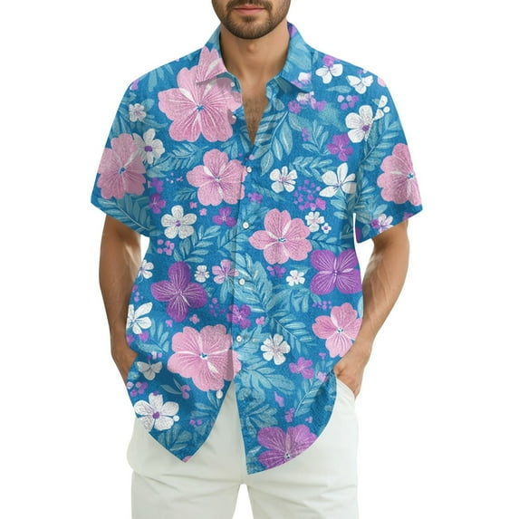 NAMTYQX Tshirts Shirts for Men Light Button Down Tropical Print Short Sleeve Plus Size Lapel Casual Baggy Soft Button Down Shirt Men Blue Size L