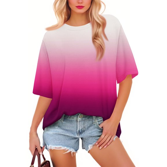 NAMTYQX Tshirts Shirts for Women Crewneck Plus Size Casual Patterned Cute Lightweight Pop Loose Fitting Short Sleeve Watermelon Red Size L