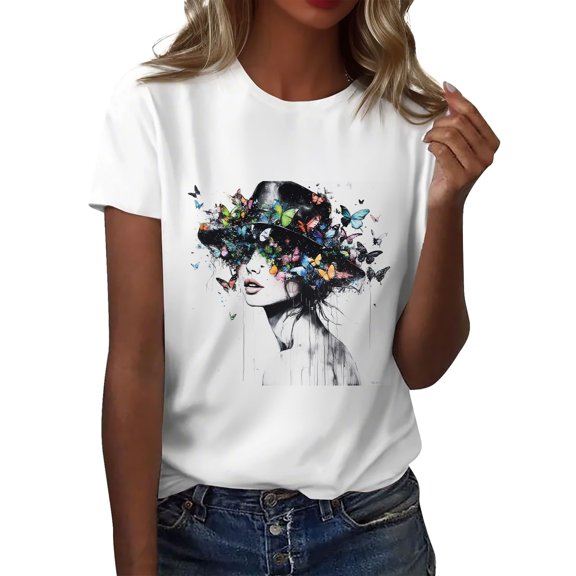 NAMTYQX Tshirts Shirts for Women Graphic Round Neck Cool Loose Fitting Print Cute Plus Size Stretch Dark Gray Size M