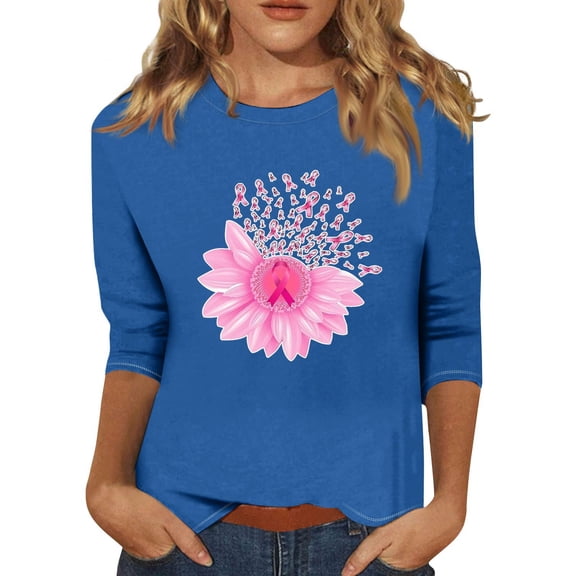 NAMTYQX Tshirts Shirts for Women Pink Ribbon Print Soft Loose Fitting Blue Size XL